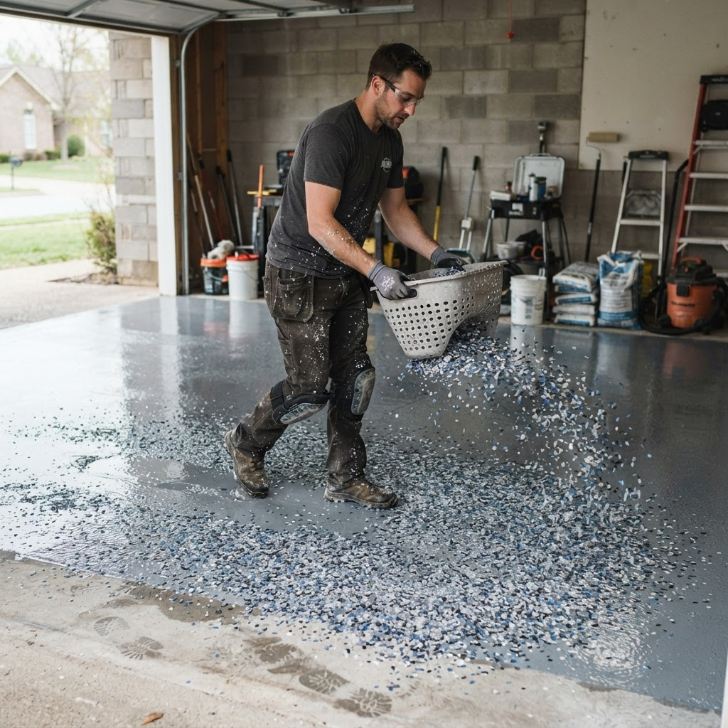 Installer applying a garage floor coating system