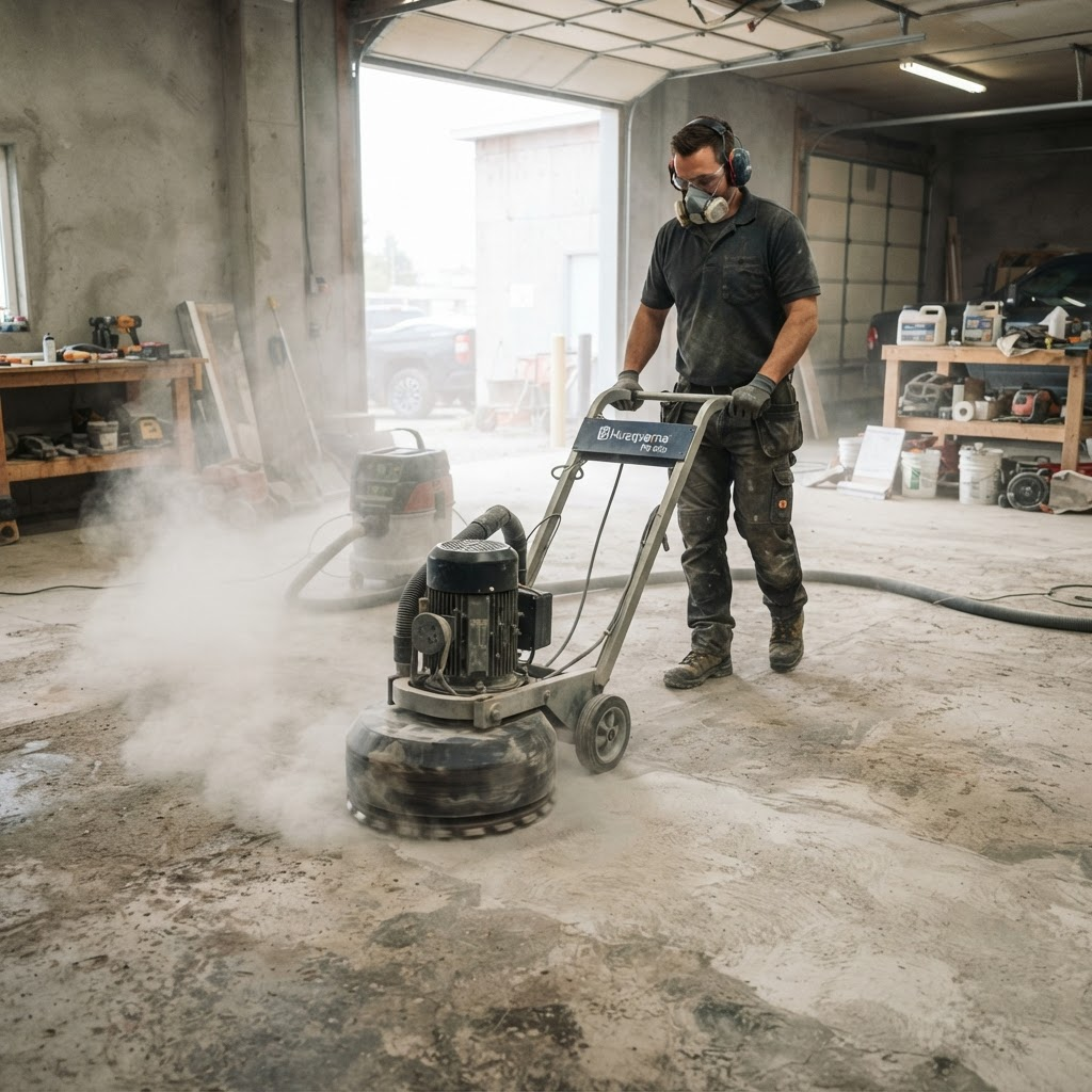 Concrete garage floor being professionally prepared before coating
